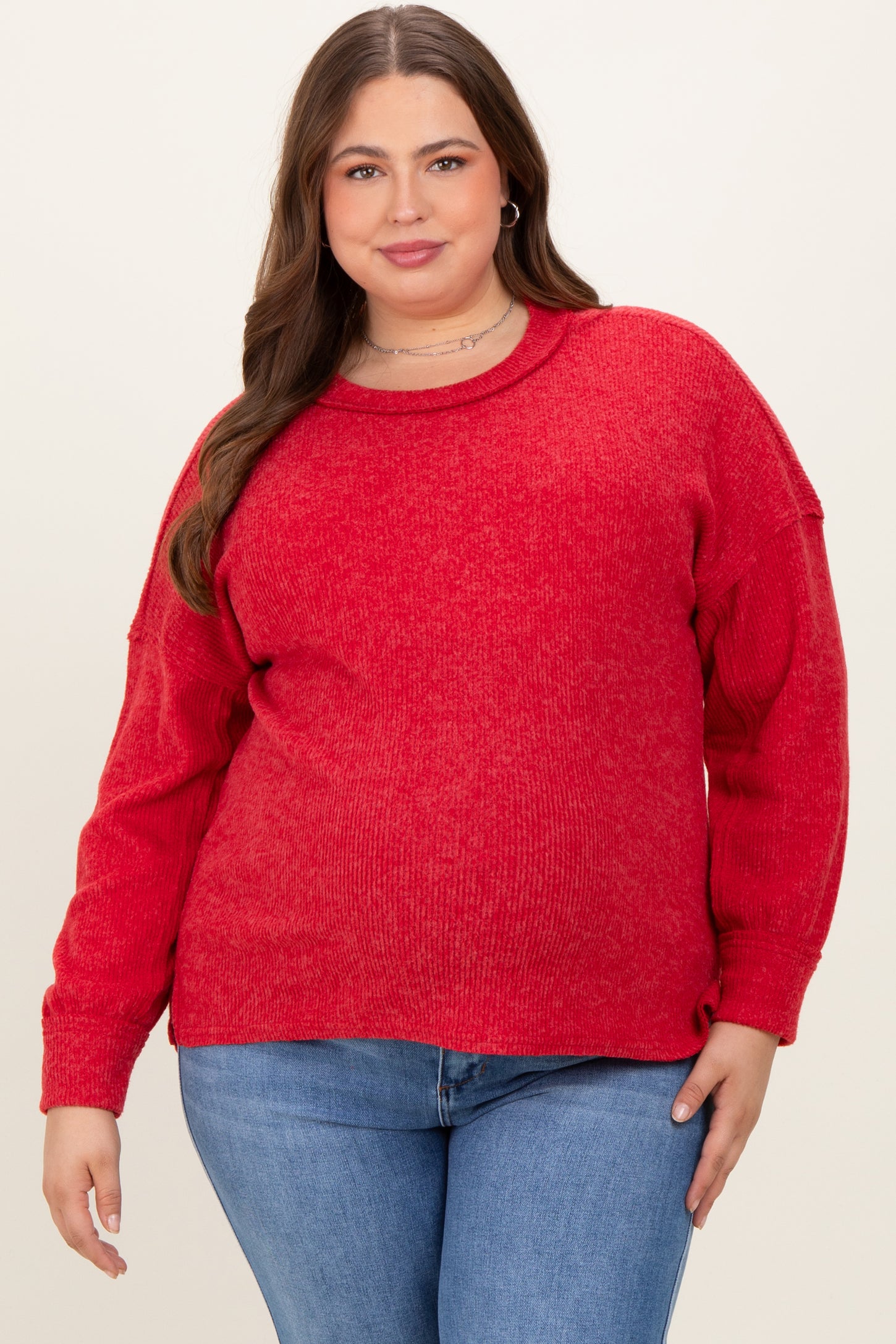 Red Brushed Ribbed Knit Maternity Plus Pullover