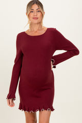 Burgundy Long Sleeve Lettuce Trim Maternity Mini Dress