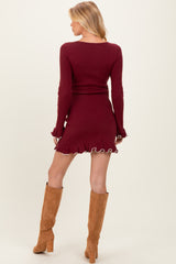 Burgundy Long Sleeve Lettuce Trim Maternity Mini Dress