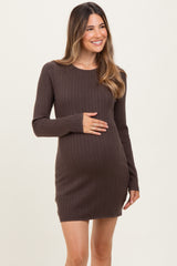 Brown Ribbed Long Sleeve Maternity Short Dress