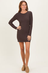 Brown Ribbed Long Sleeve Short Dress