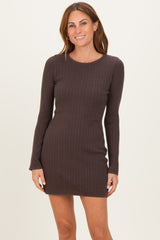 Brown Ribbed Long Sleeve Maternity Short Dress