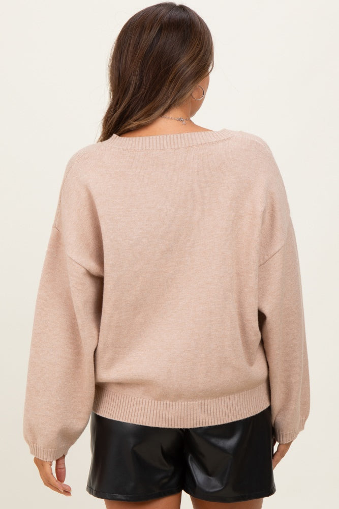 Beige V-Neck Drop Shoulder Maternity Sweater