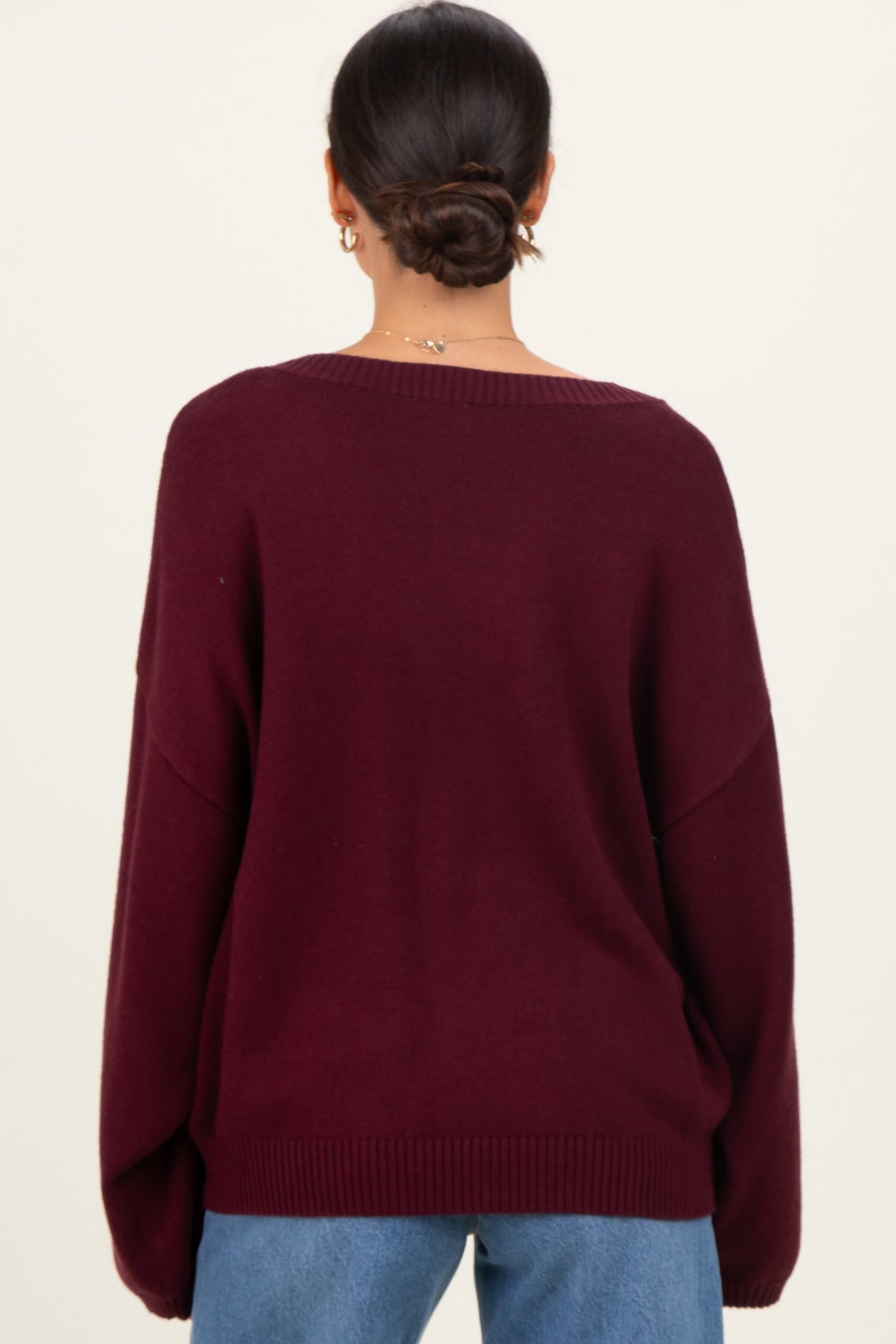 Burgundy V-Neck Drop Shoulder Maternity Sweater