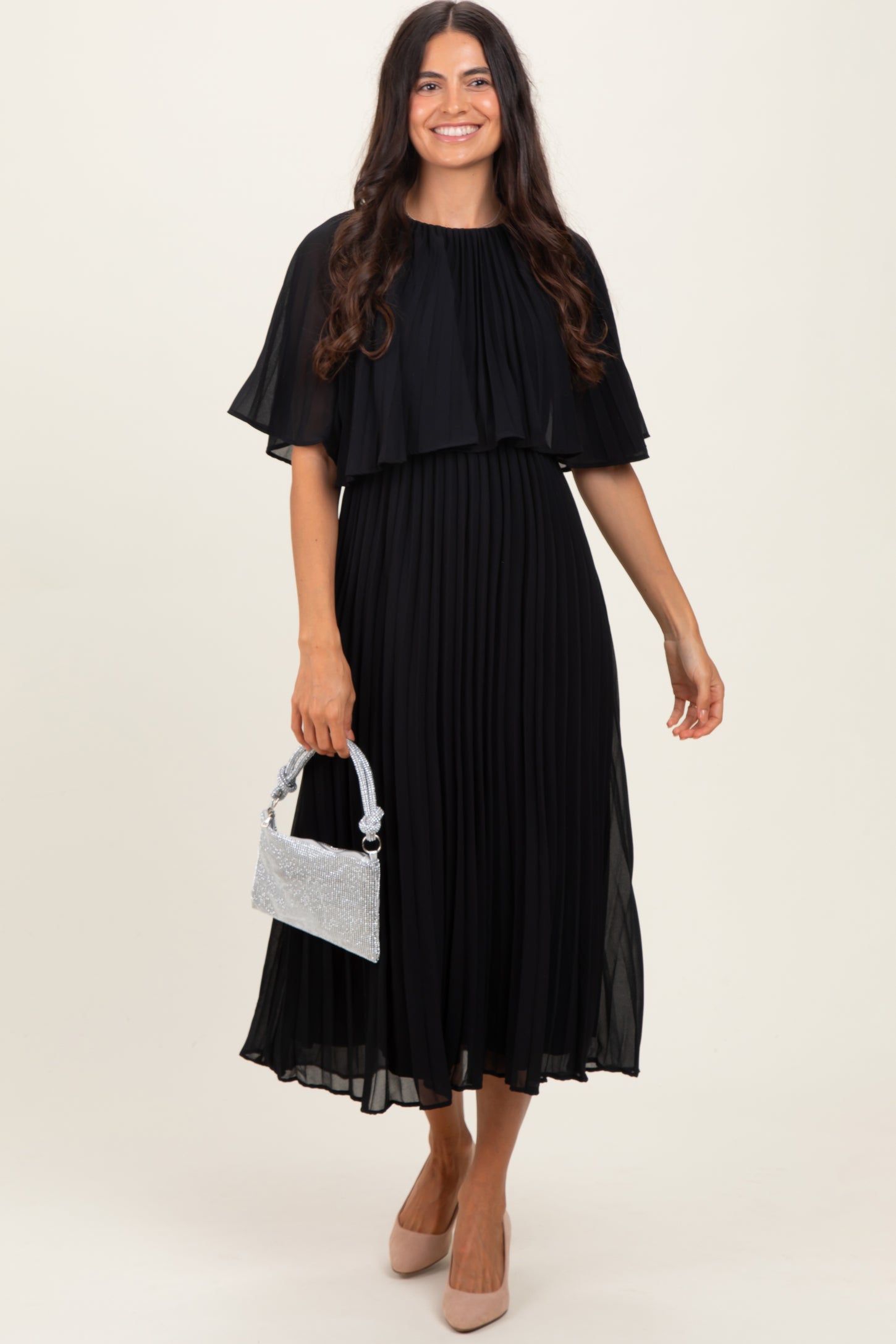 Black Pleated Cape Midi Dress