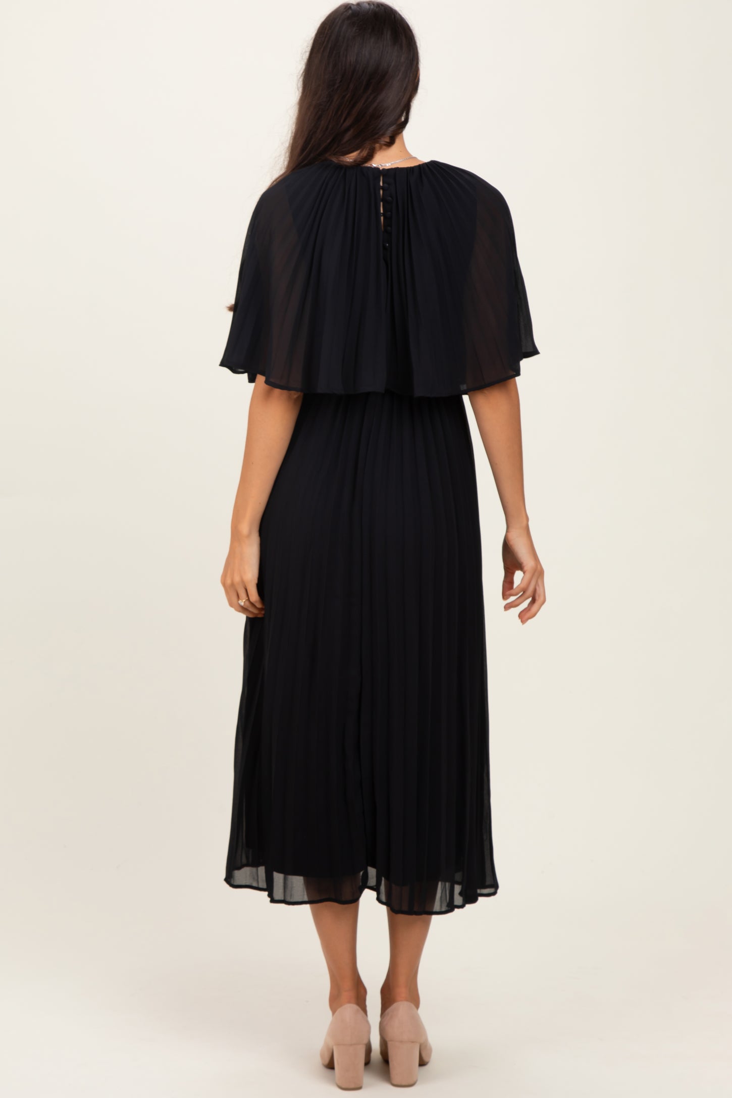 Black Pleated Cape Midi Dress