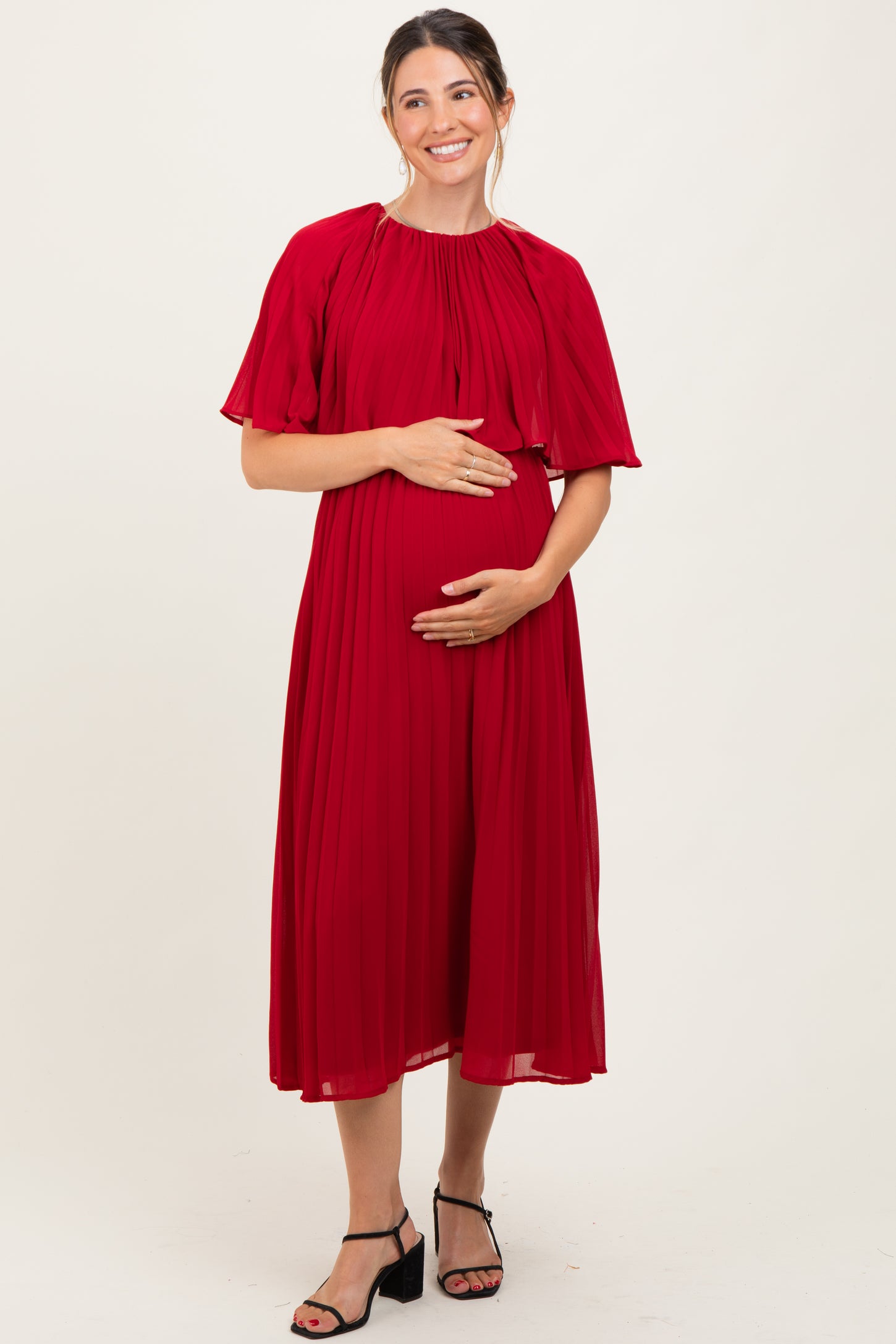 Burgundy Pleated Cape Maternity Midi Dress