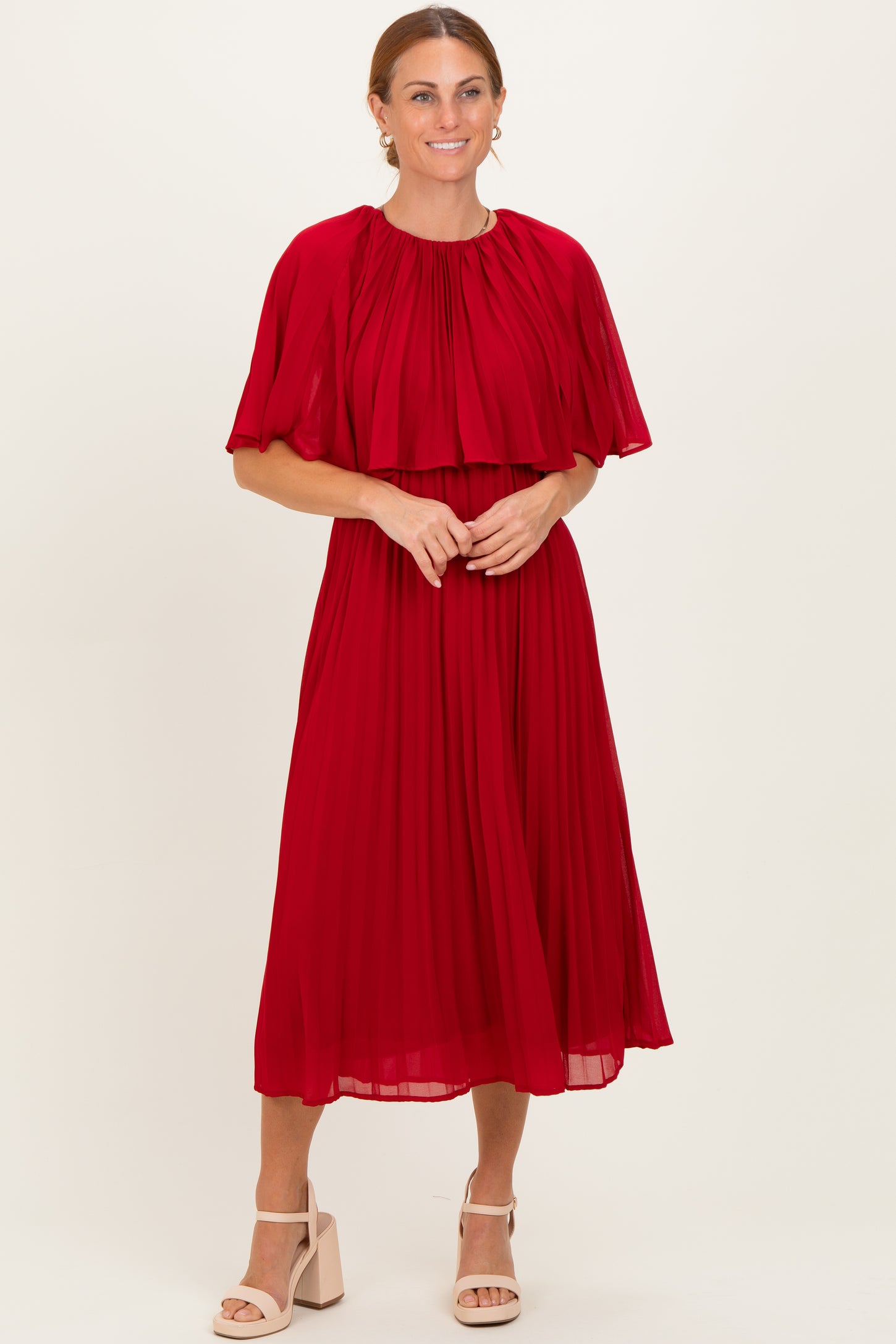 Burgundy Pleated Cape Midi Dress