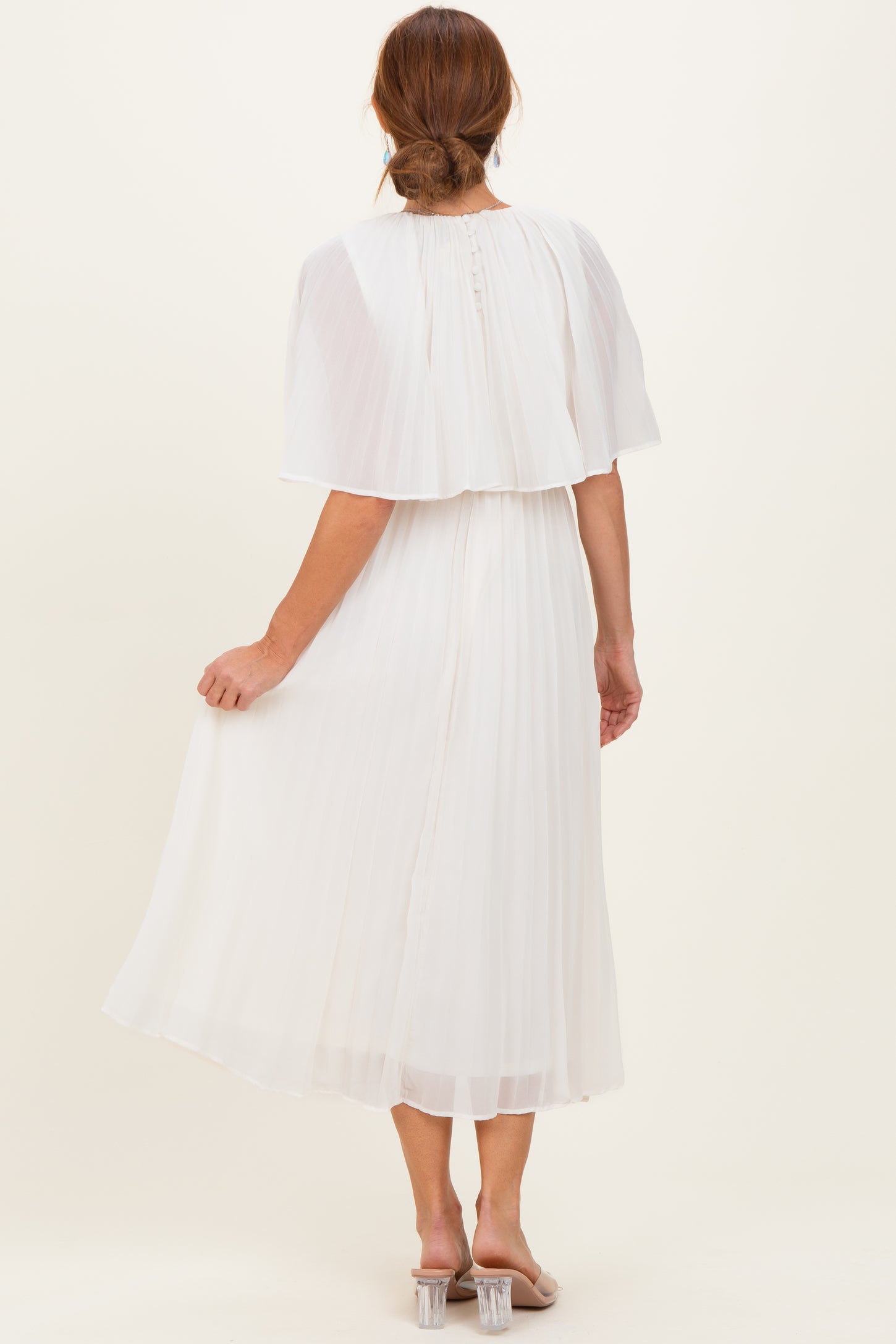 Cream Pleated Cape Midi Dress