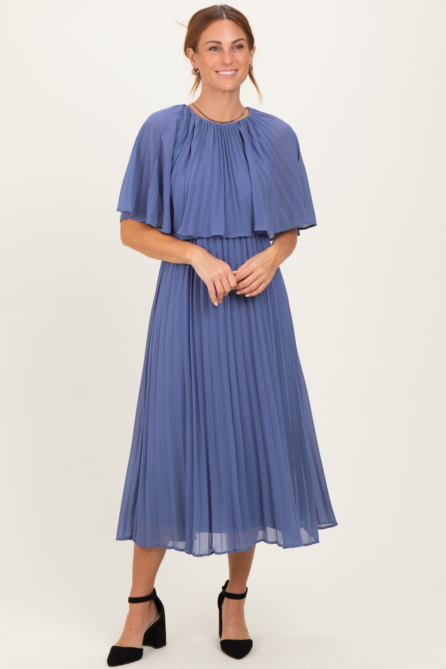Blue Pleated Cape Midi Dress
