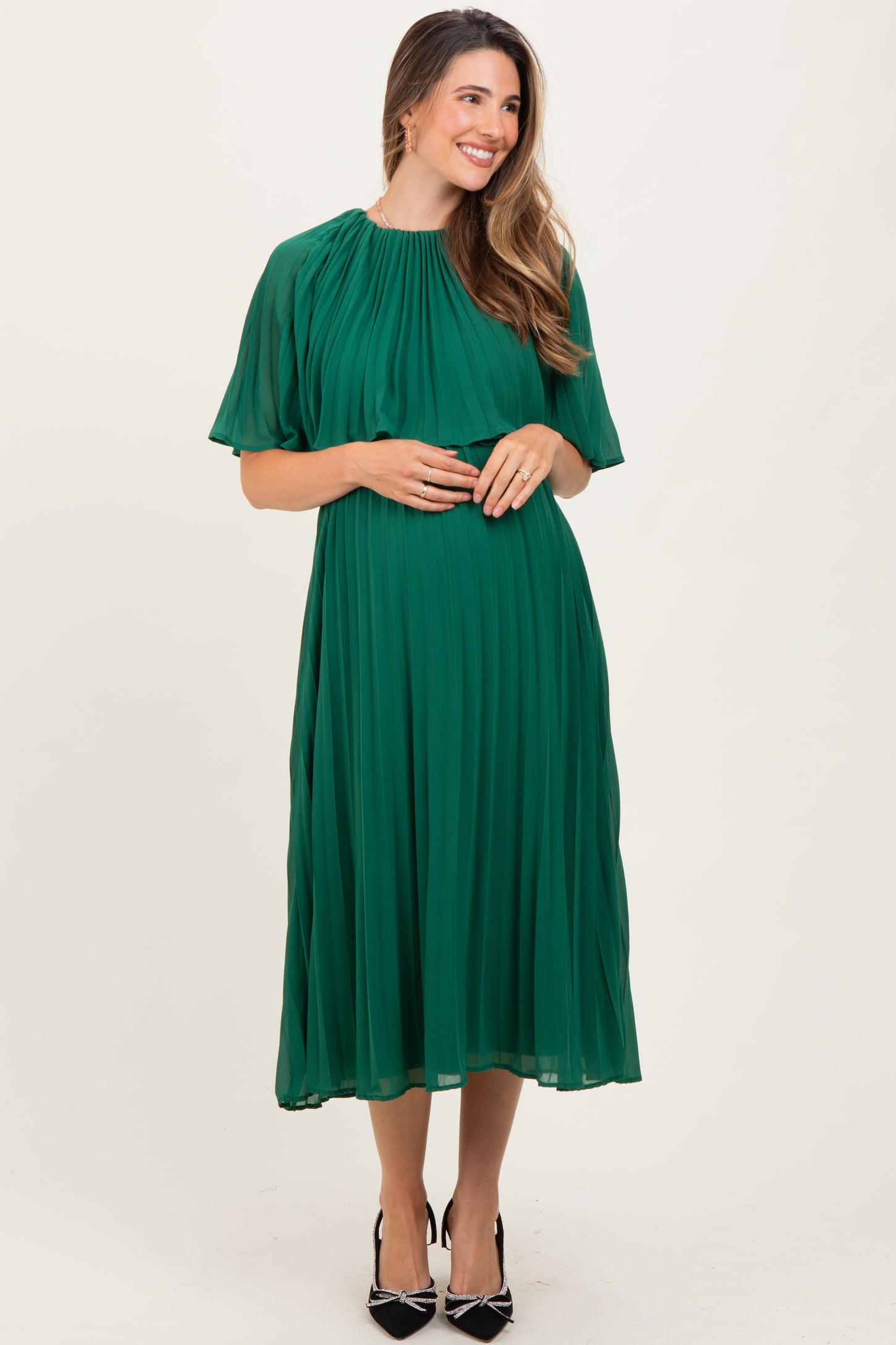 Green Pleated Cape Maternity Midi Dress