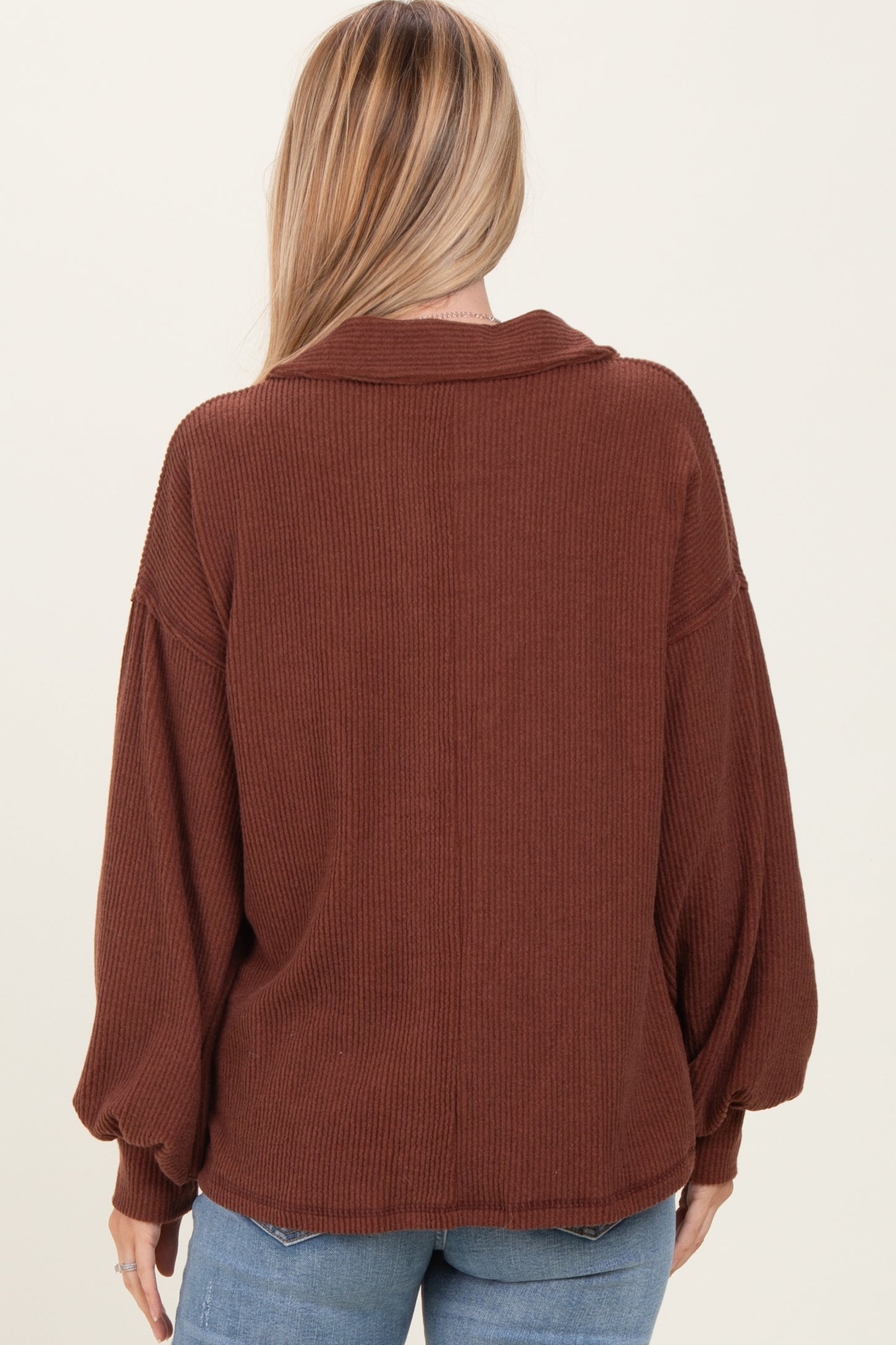 Brown Solid Ribbed Long Sleeve Button Down Collared Top