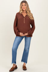 Brown Solid Ribbed Long Sleeve Button Down Collared Maternity Top