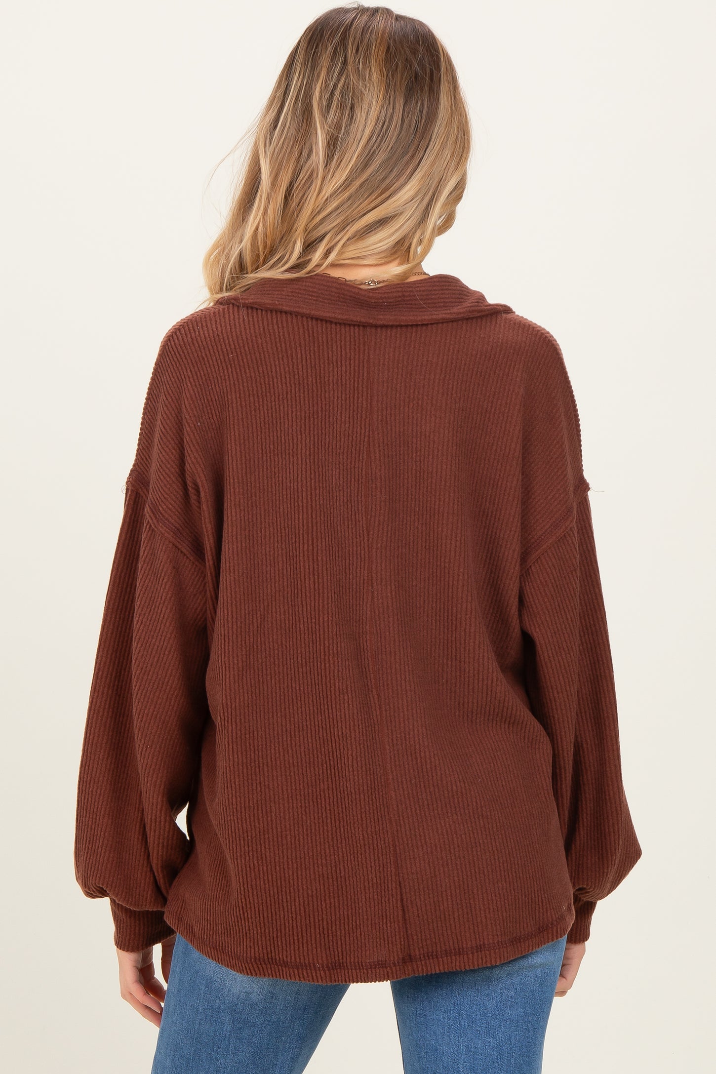 Brown Solid Ribbed Long Sleeve Button Down Collared Maternity Top