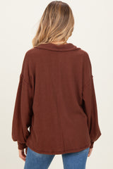 Brown Solid Ribbed Long Sleeve Button Down Collared Maternity Top