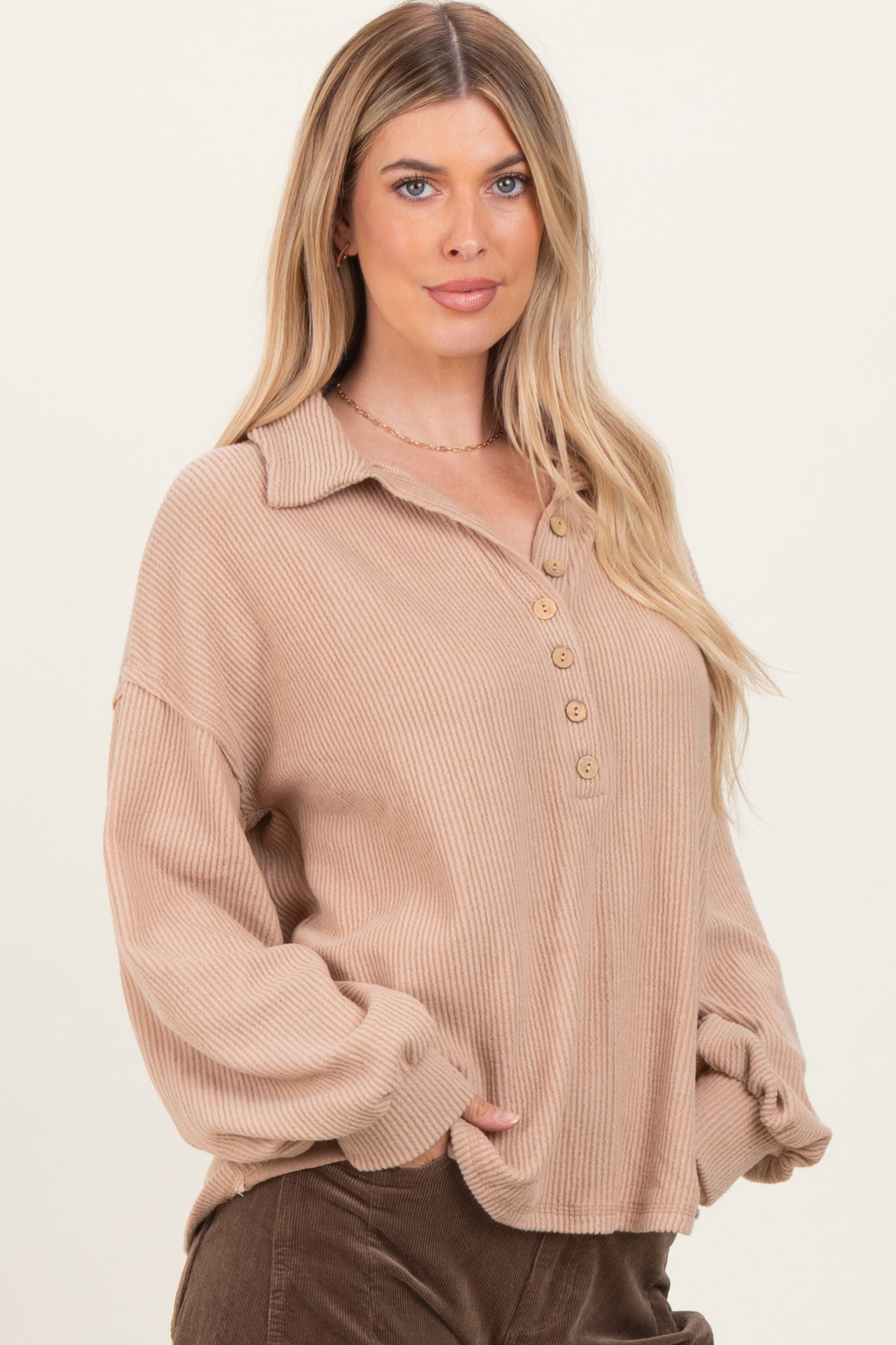 Taupe Solid Ribbed Long Sleeve Button Down Collared Top