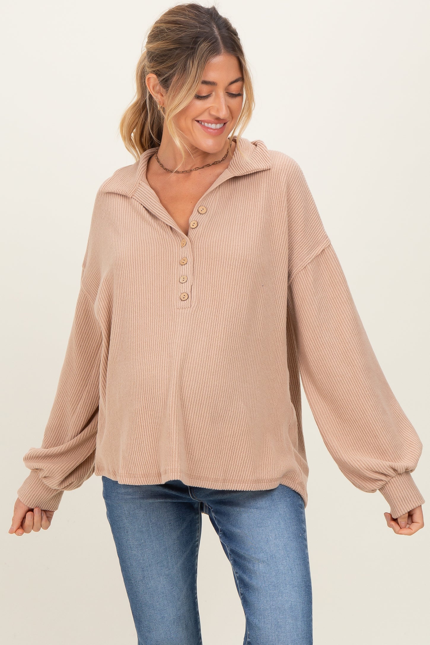 Taupe Solid Ribbed Long Sleeve Button Down Collared Maternity Top