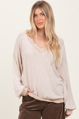 Beige Brushed Long Sleeve Ribbed V-Neck Top