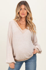 Beige Brushed Long Sleeve Ribbed V-Neck Maternity Top