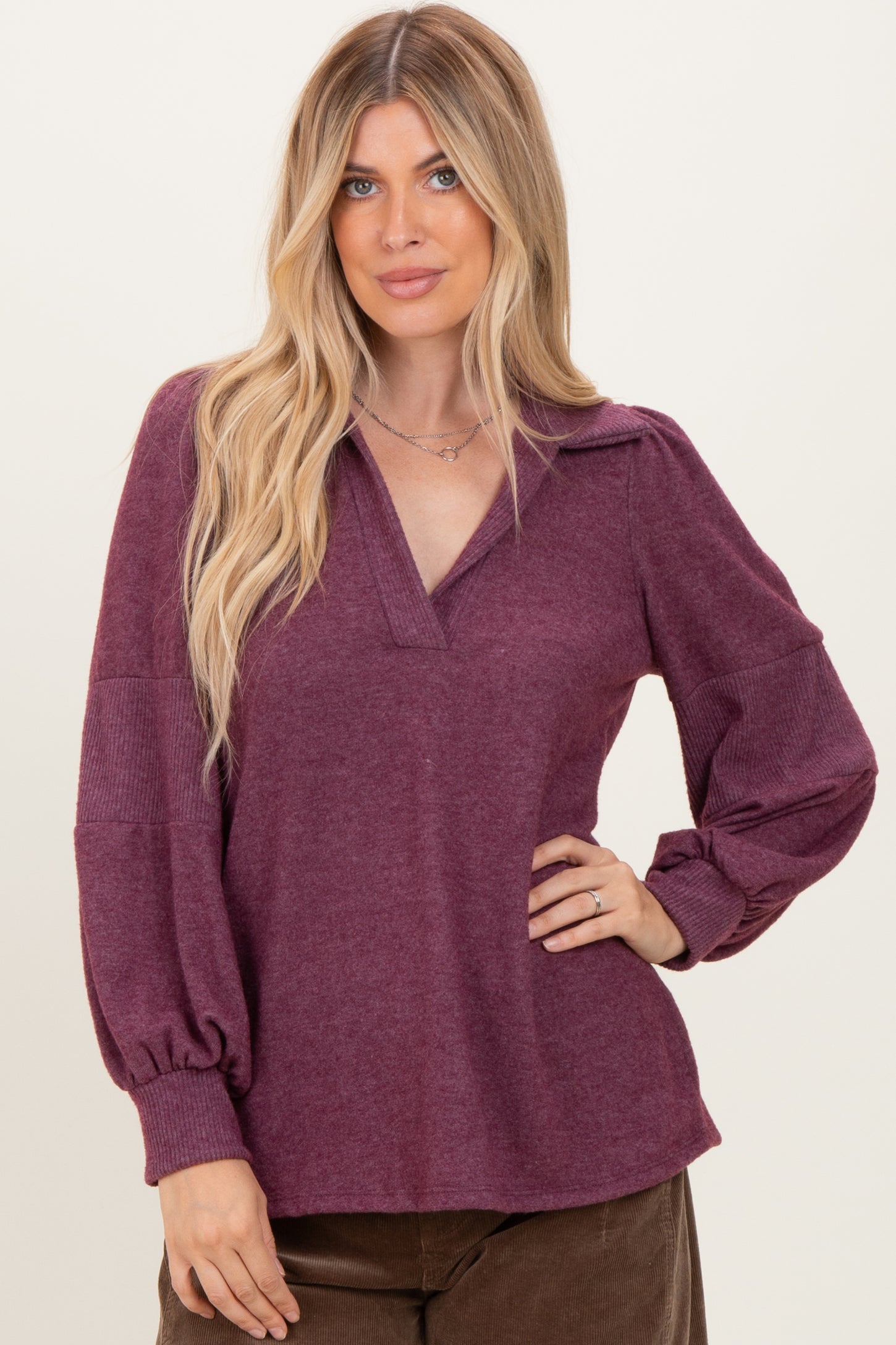 Plum Brushed Colorblock Long Sleeve Collared V-Neck Top