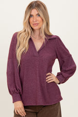 Plum Brushed Colorblock Long Sleeve Collared V-Neck Top
