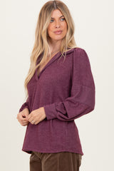 Plum Brushed Colorblock Long Sleeve Collared V-Neck Top