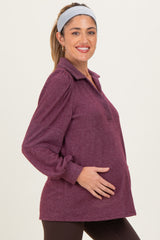 Plum Brushed Colorblock Long Sleeve Collared V-Neck Maternity Top