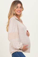 Beige Brushed Colorblock Long Sleeve Collared V-Neck Maternity Top