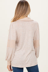 Beige Brushed Colorblock Long Sleeve Collared V-Neck Maternity Top