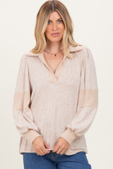 Beige Brushed Colorblock Long Sleeve Collared V-Neck Top