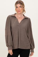 Brown Brushed Colorblock Long Sleeve Collared V-Neck Maternity Top