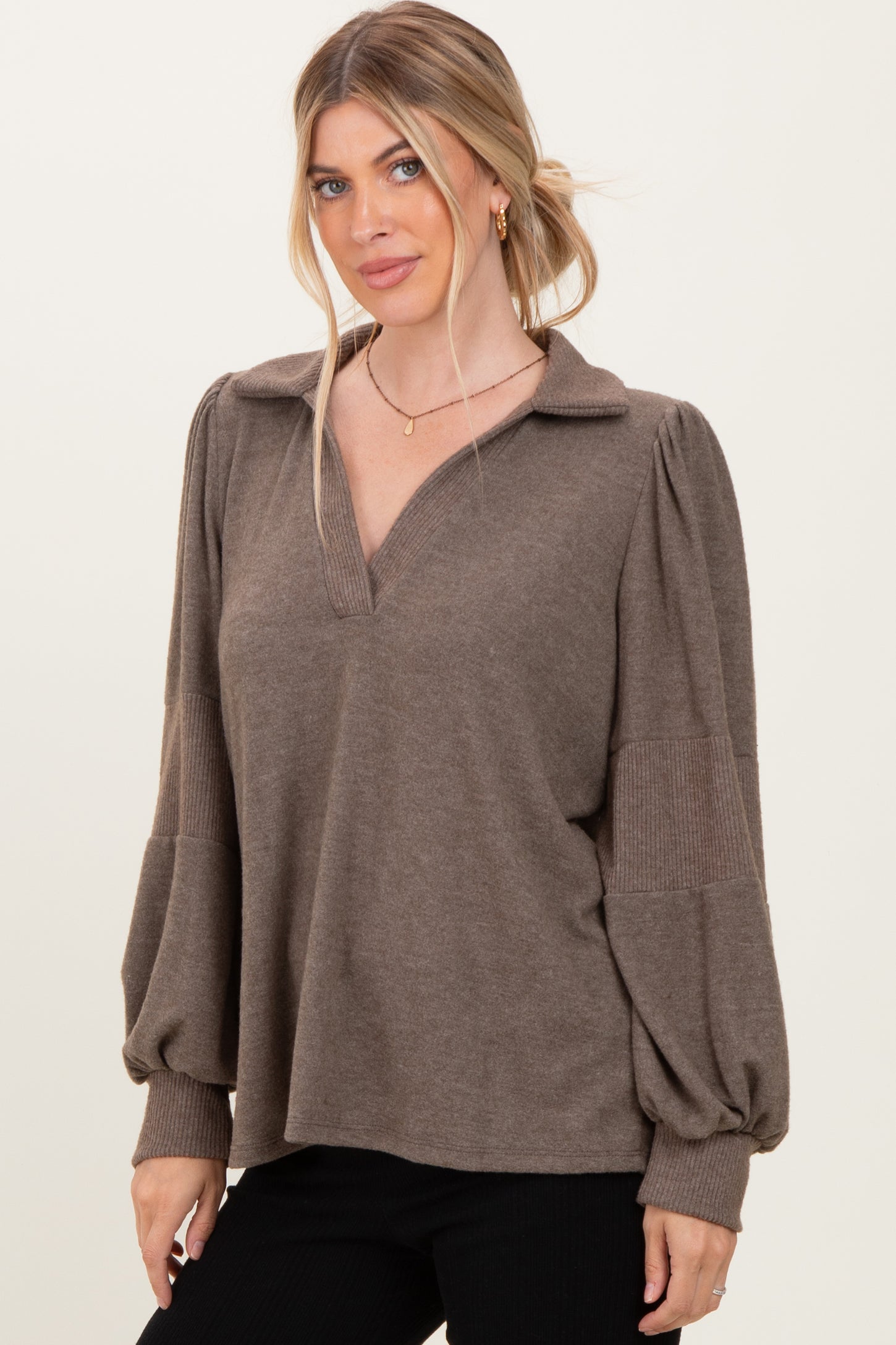 Brown Brushed Colorblock Long Sleeve Collared V-Neck Top