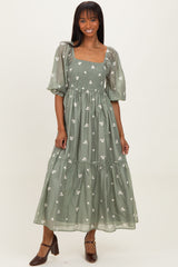 Light Olive Floral Embroidered Smocked 3/4 Sleeve Maternity Midi Dress