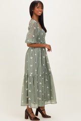 Light Olive Floral Embroidered Smocked 3/4 Sleeve Midi Dress