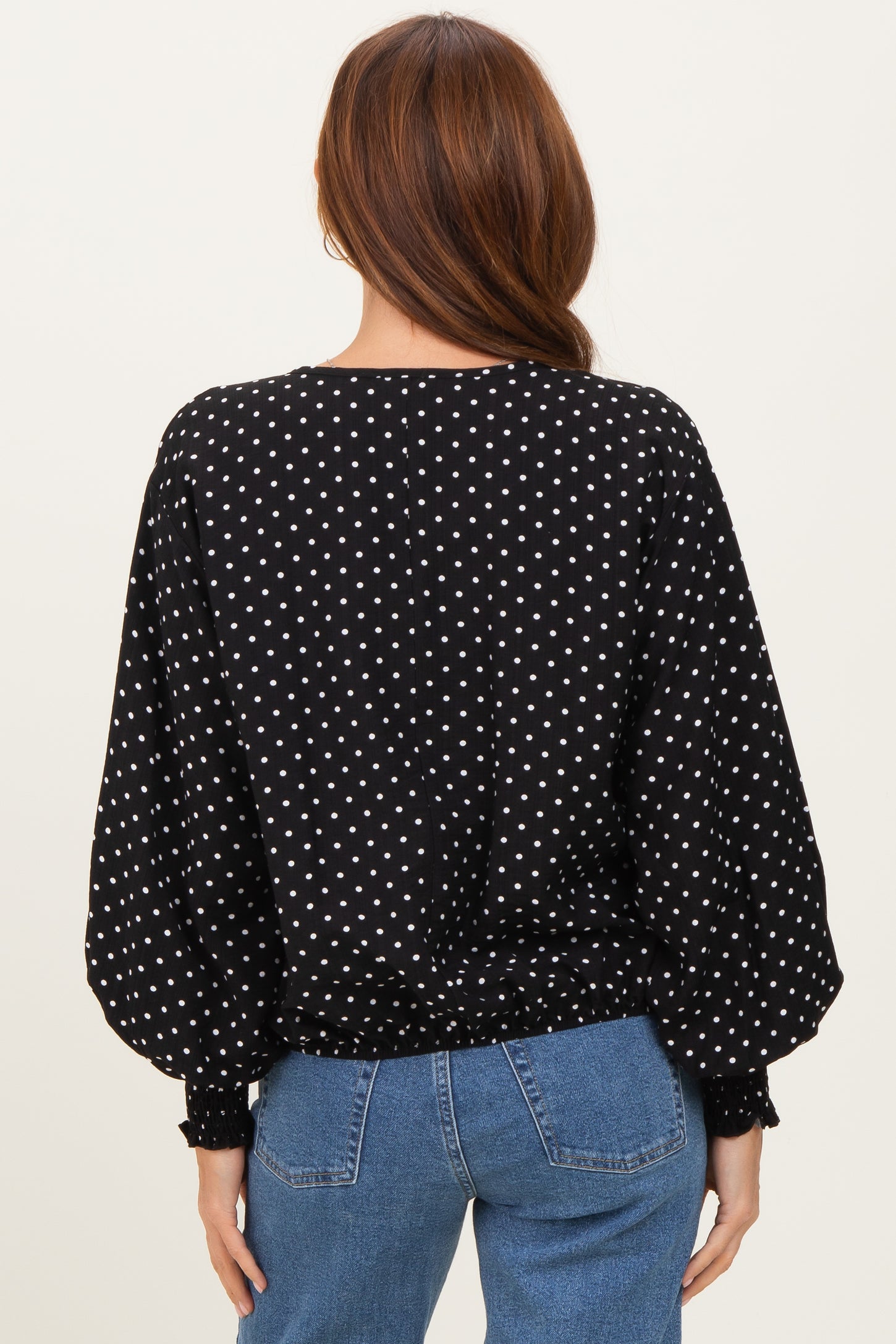 Black Polka Dot Long Sleeve Smocked Top