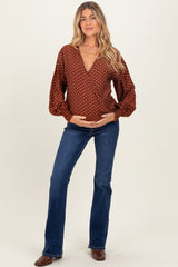 Brown Polka Dot Long Sleeve Smocked Maternity Top