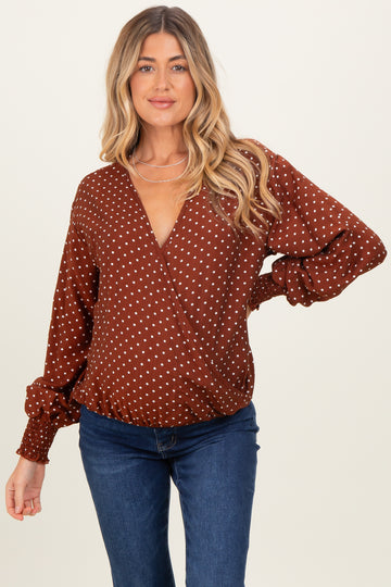 Brown Polka Dot Long Sleeve Smocked Maternity Top
