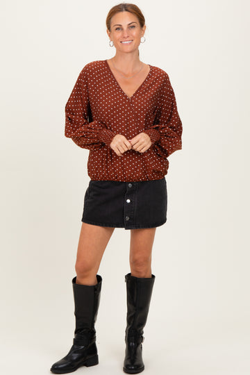 Brown Polka Dot Long Sleeve Smocked Top