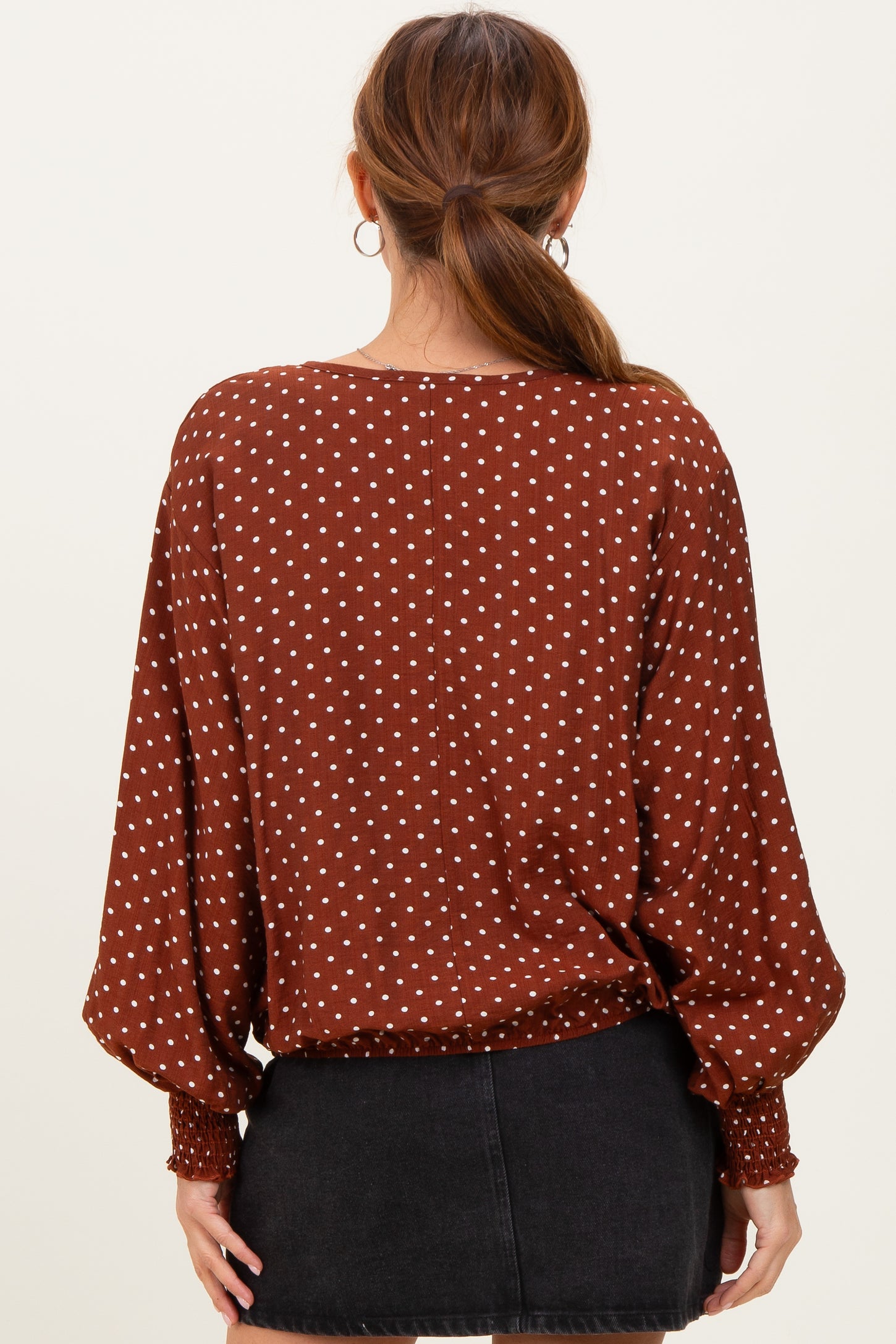 Brown Polka Dot Long Sleeve Smocked Top