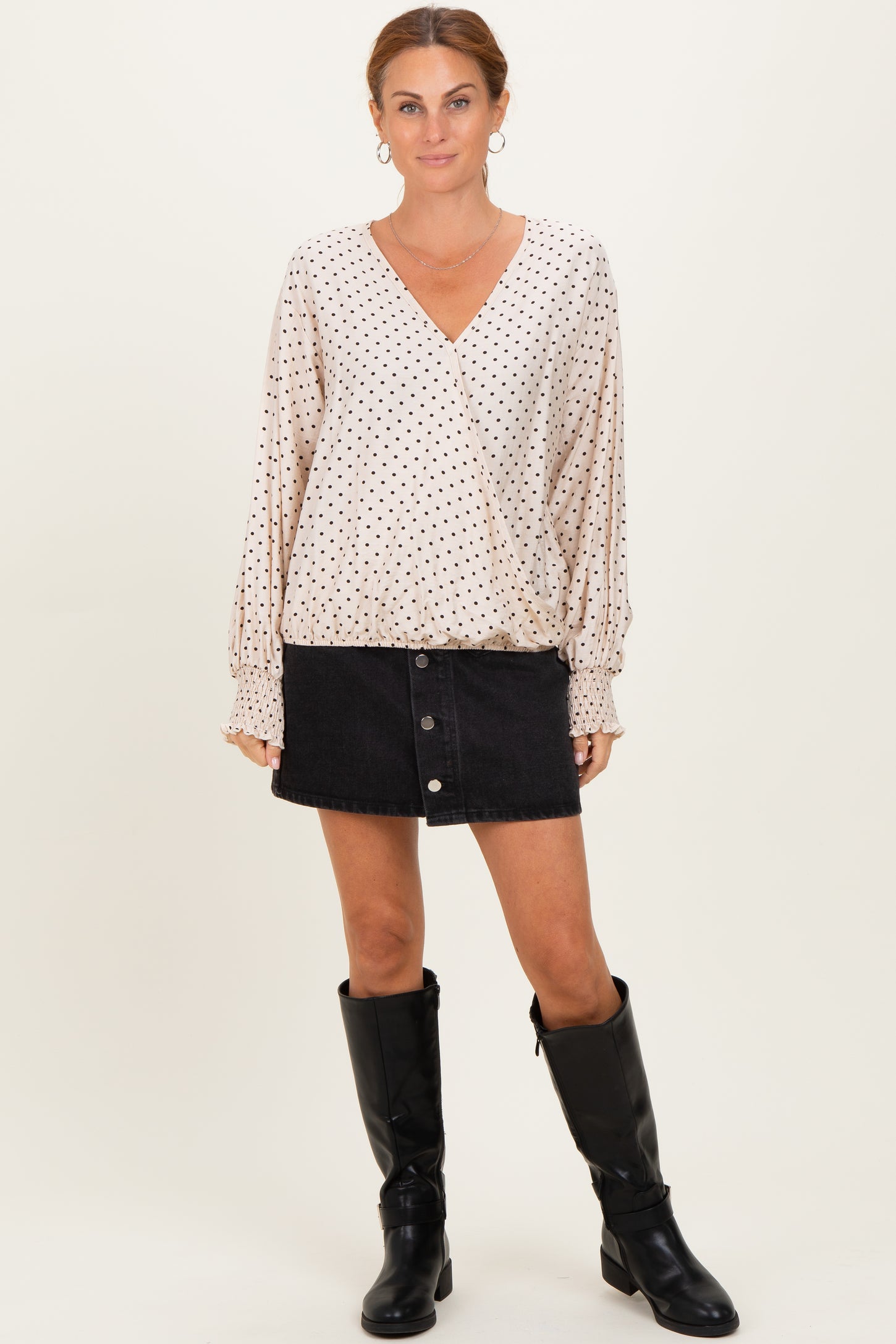 Ivory Polka Dot Long Sleeve Smocked Top
