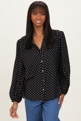 Black Polka Dot Long Sleeve Button Down V-Neck Top