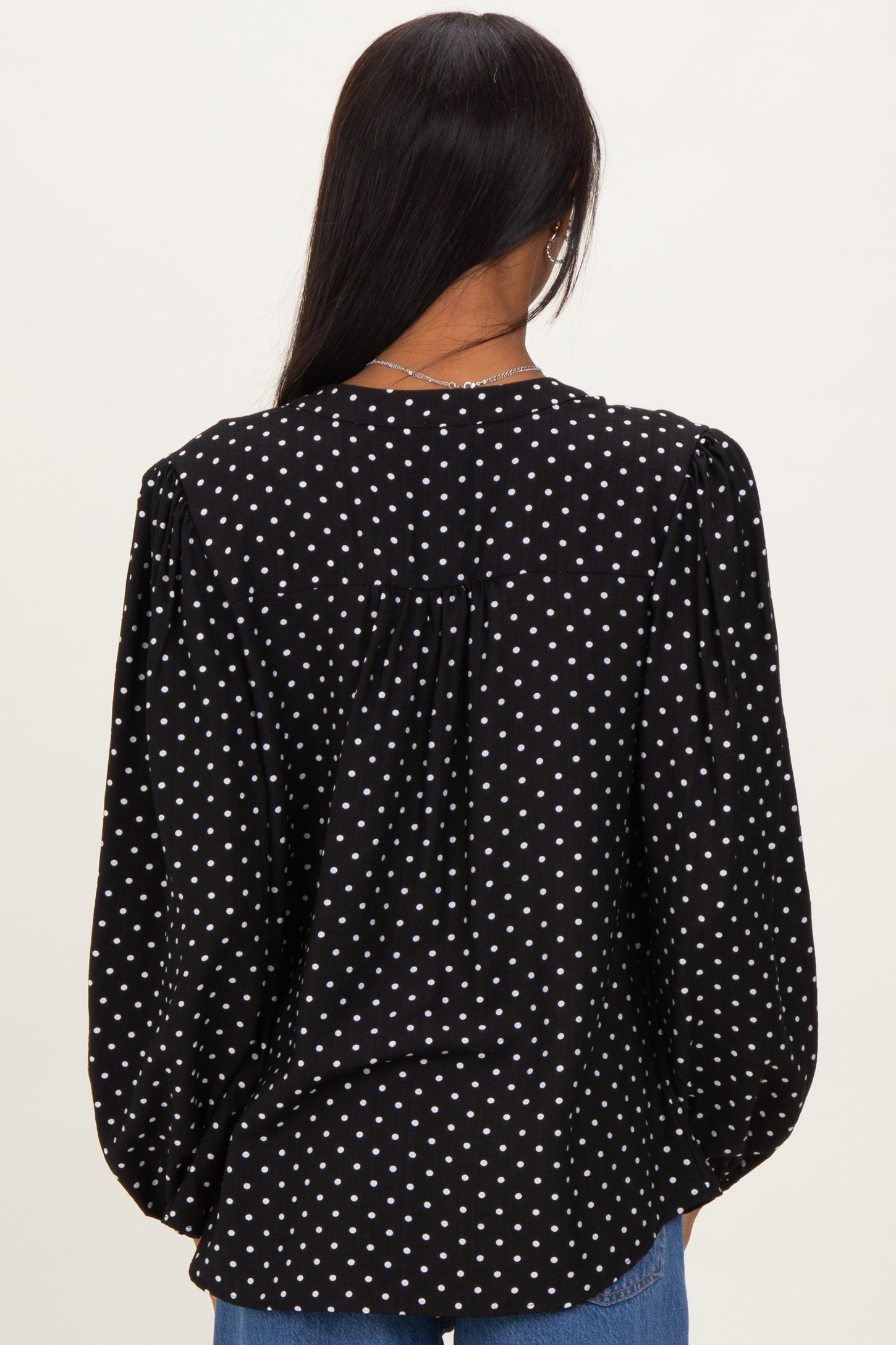 Black Polka Dot Long Sleeve Button Down V-Neck Top