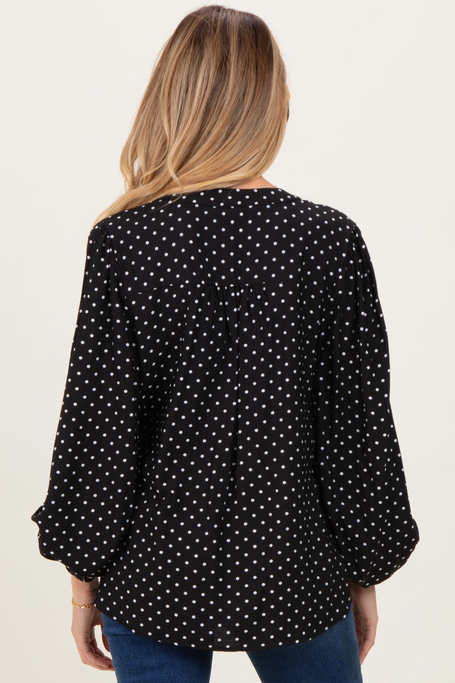 Black Polka Dot Long Sleeve Button Down V-Neck Maternity Top