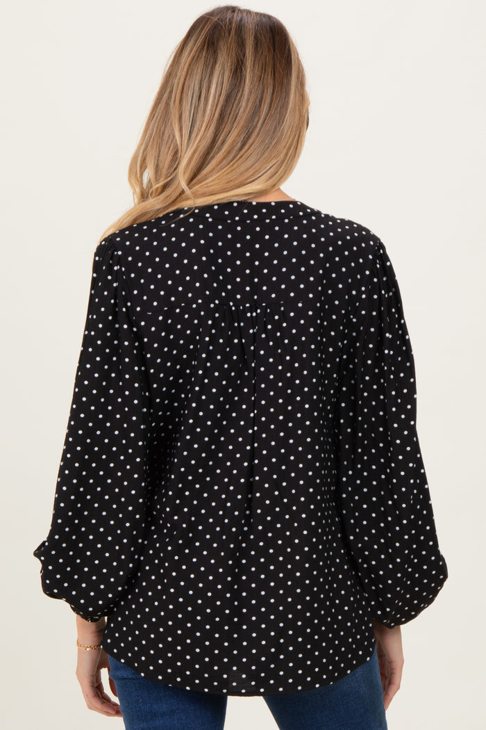 Black Polka Dot Long Sleeve Button Down V-Neck Maternity Top