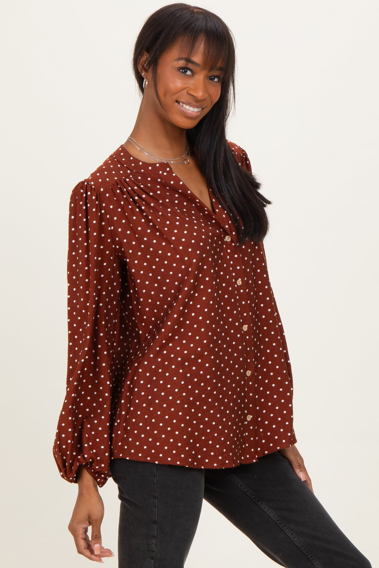 Brown Polka Dot Long Sleeve Button Down V-Neck Top