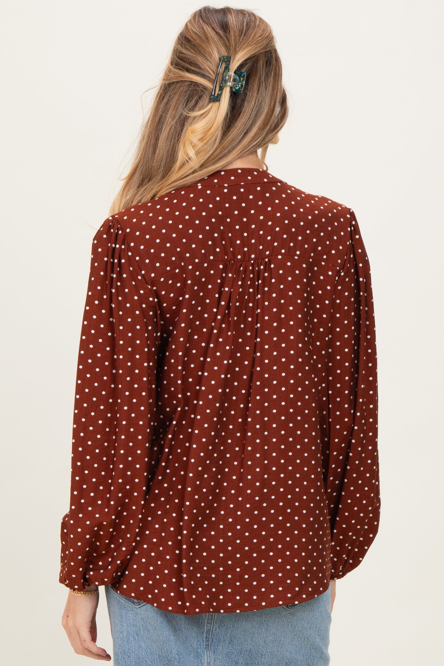 Brown Polka Dot Long Sleeve Button Down V-Neck Maternity Top
