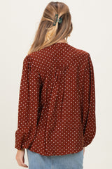Brown Polka Dot Long Sleeve Button Down V-Neck Maternity Top