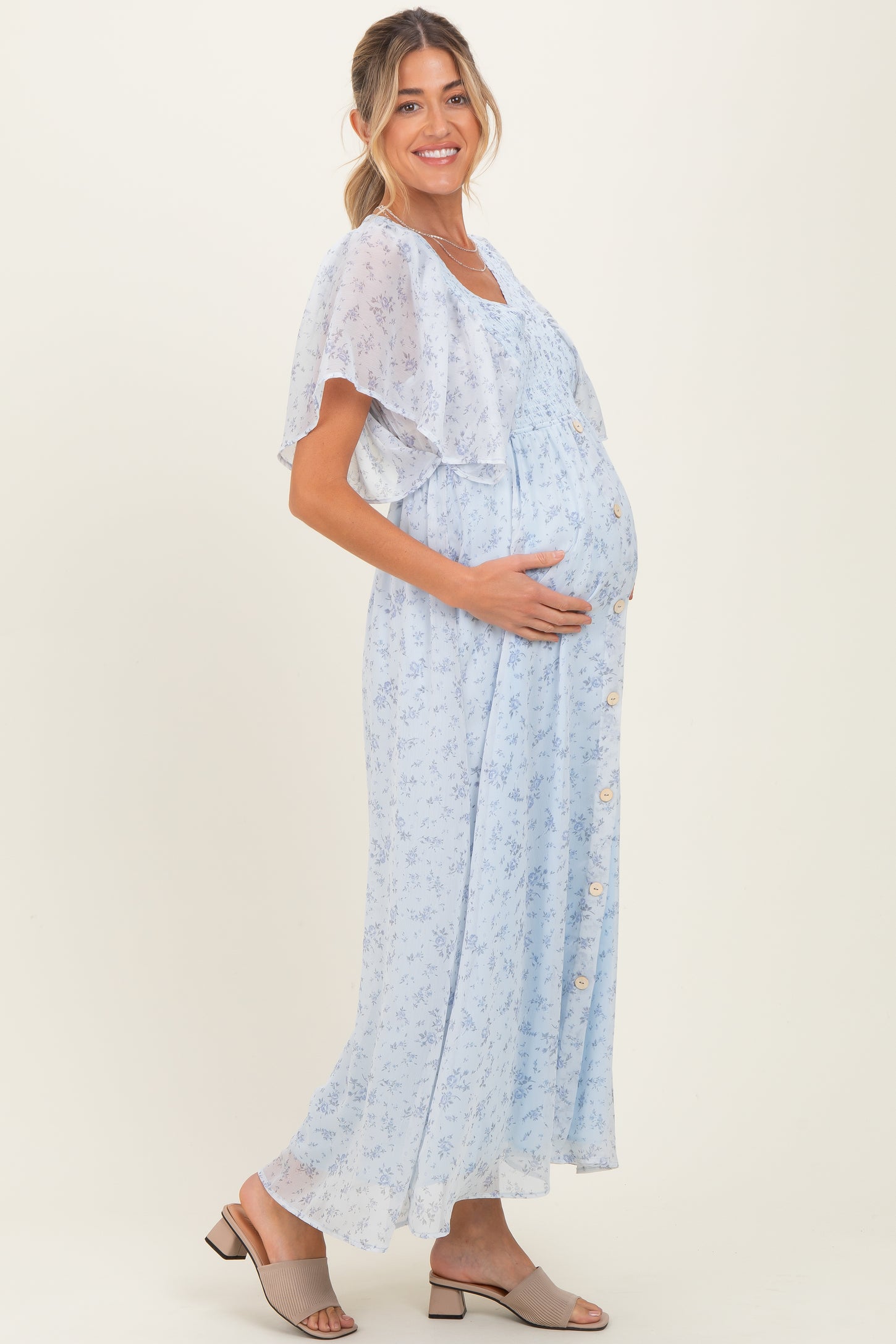 Blue Floral Chiffon Short Sleeve V-Neck Smocked Top Maternity Maxi Dress