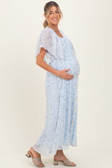 Blue Floral Chiffon Short Sleeve V-Neck Smocked Top Maternity Maxi Dress