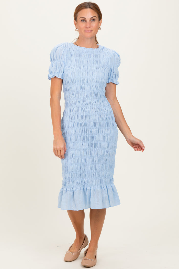 Light Blue Smocked Fitted Maternity Midi Dress